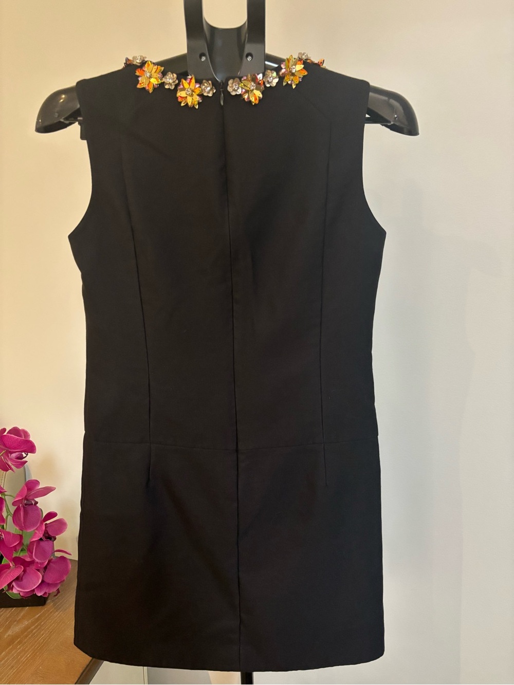 Tory Burch Black Sleeveless Mini Dress with Gold and Orange Floral Collar - Picture 3 of 5